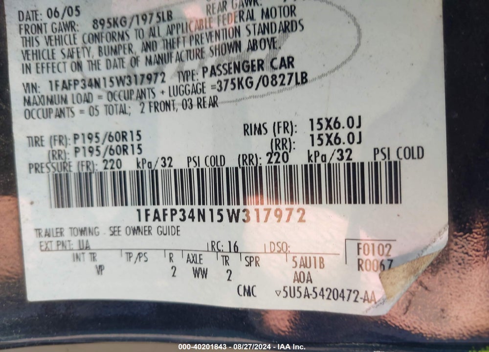 2005 FORD FOCUS ZX4 VIN: 1FAFP34N15W317972