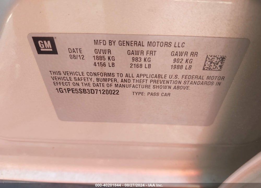 2013 CHEVROLET CRUZE 2LT AUTO VIN: 1G1PE5SB3D7120022