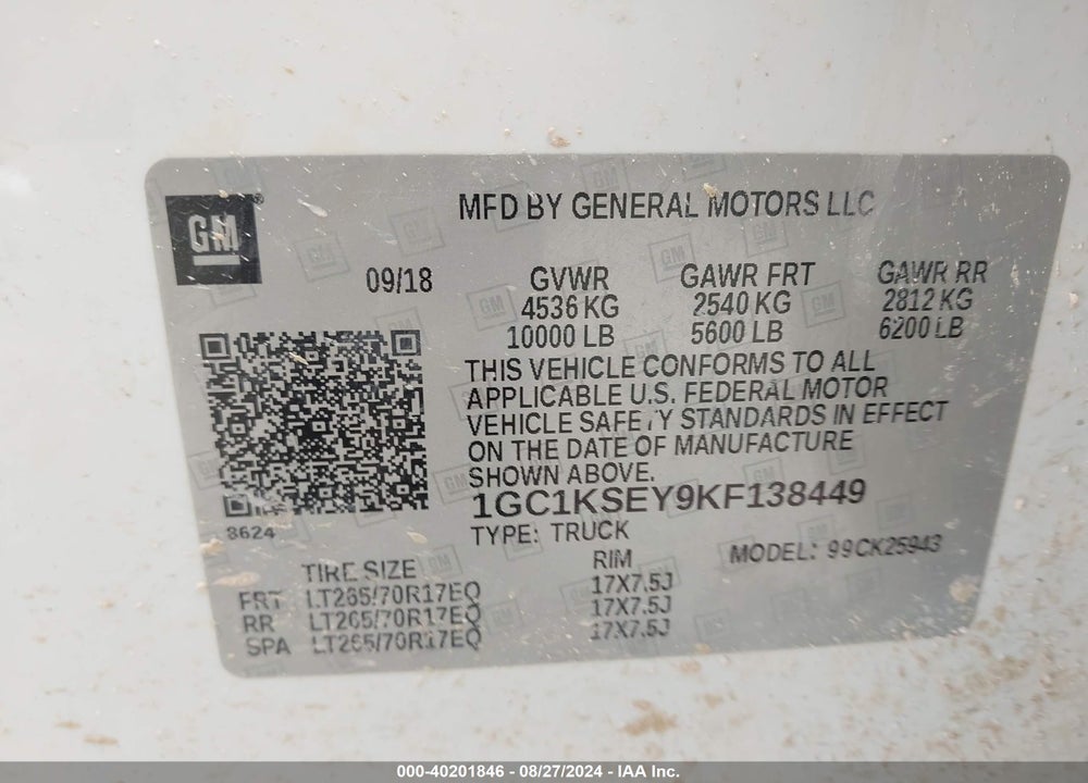 2019 CHEVROLET SILVERADO 2500HD LT VIN: 1GC1KSEY9KF138449