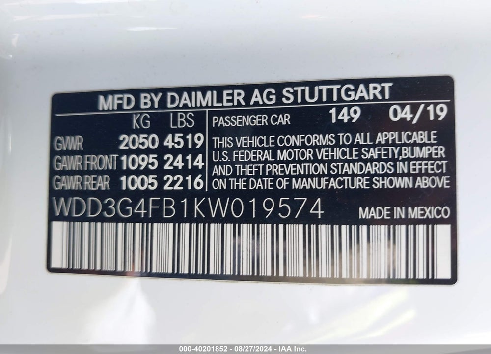 2019 MERCEDES-BENZ A 220 4MATIC VIN: WDD3G4FB1KW019574