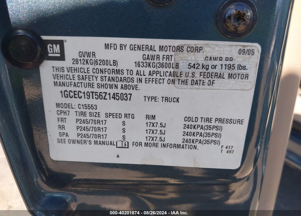 2006 CHEVROLET SILVERADO 1500 LT3 VIN: 1GCEC19T56Z145037