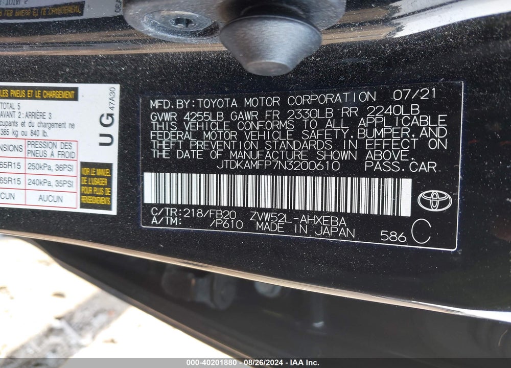 2022 TOYOTA PRIUS PRIME LE VIN: JTDKAMFP7N3200610