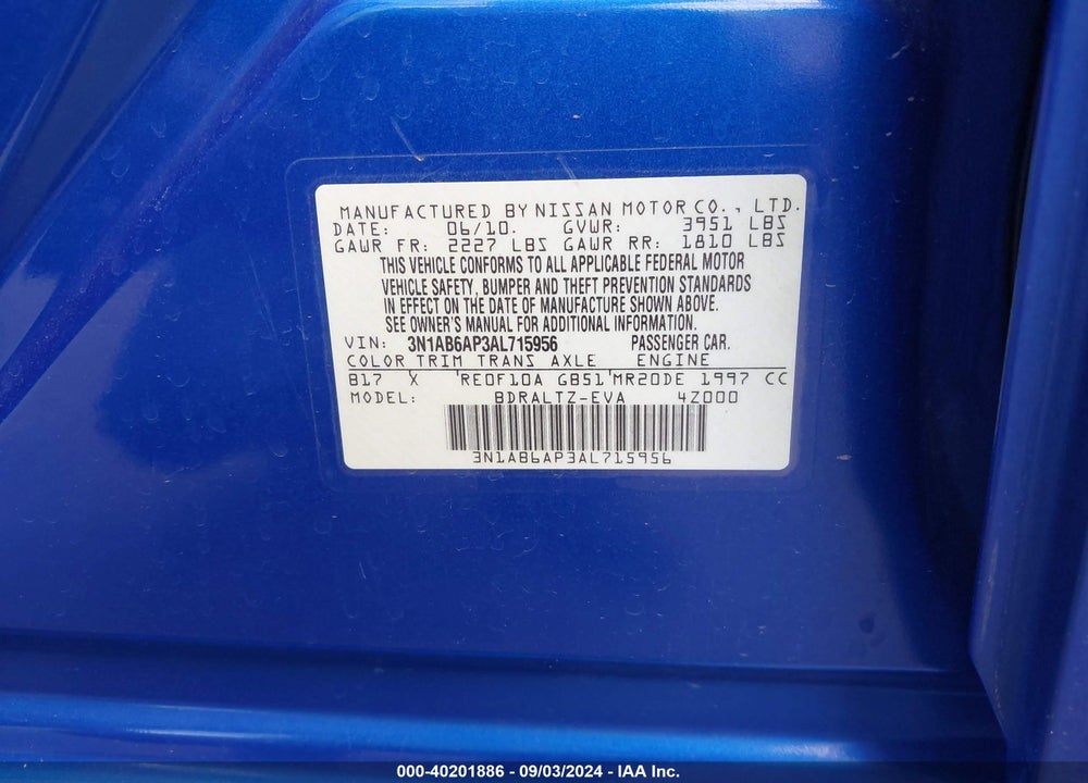 2010 NISSAN SENTRA 2.0/2.0S/SR/2.0SL VIN: 3N1AB6AP3AL715956