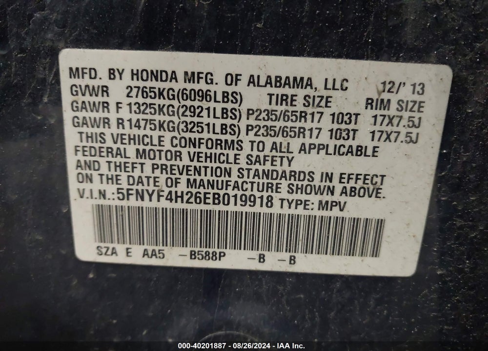 2014 HONDA PILOT LX VIN: 5FNYF4H26EB019918