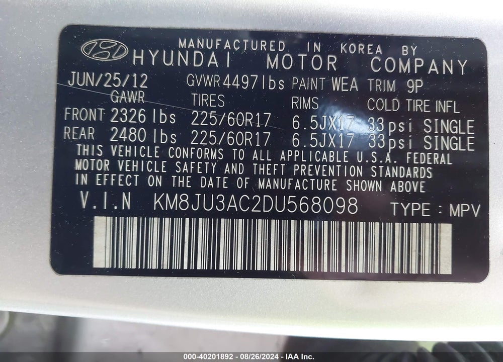 2013 HYUNDAI TUCSON GLS VIN: KM8JU3AC2DU568098