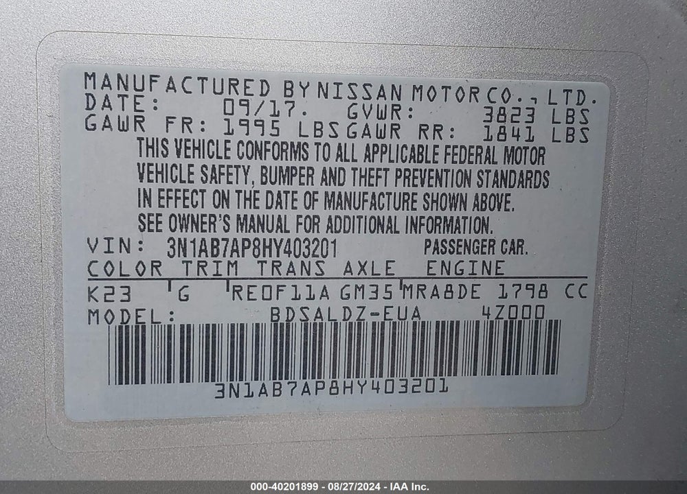 2017 NISSAN SENTRA VIN: 3N1AB7AP8HY403201