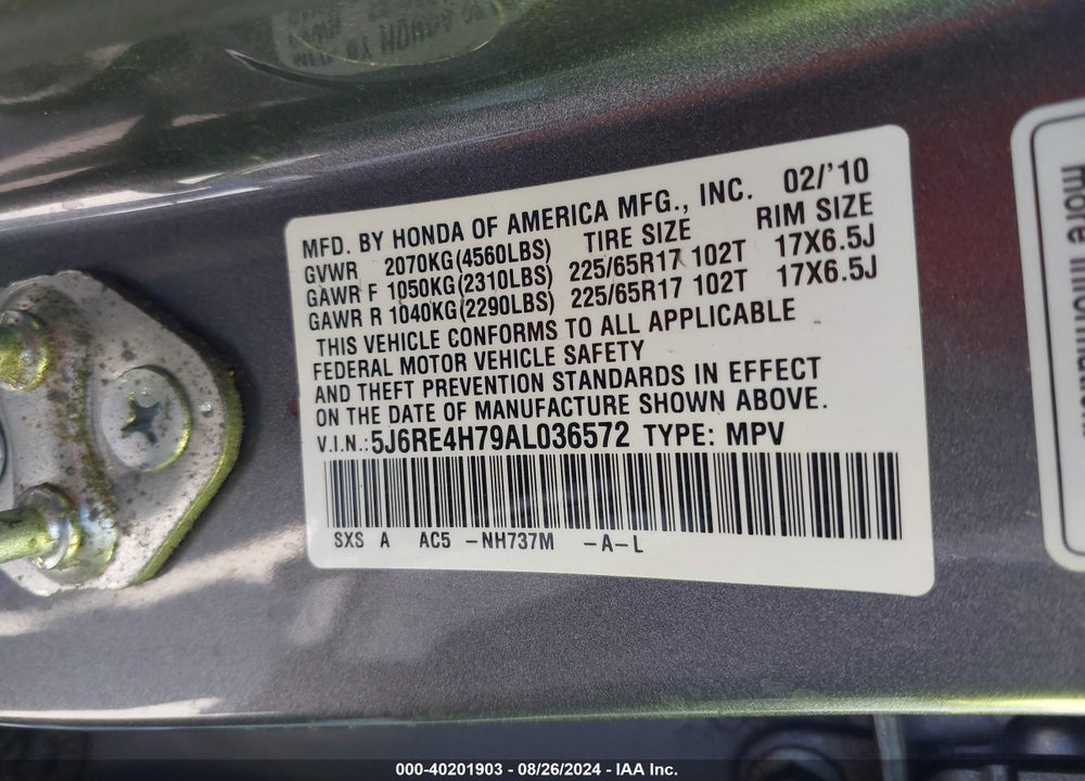 2010 HONDA CR-V EX-L VIN: 5J6RE4H79AL036572
