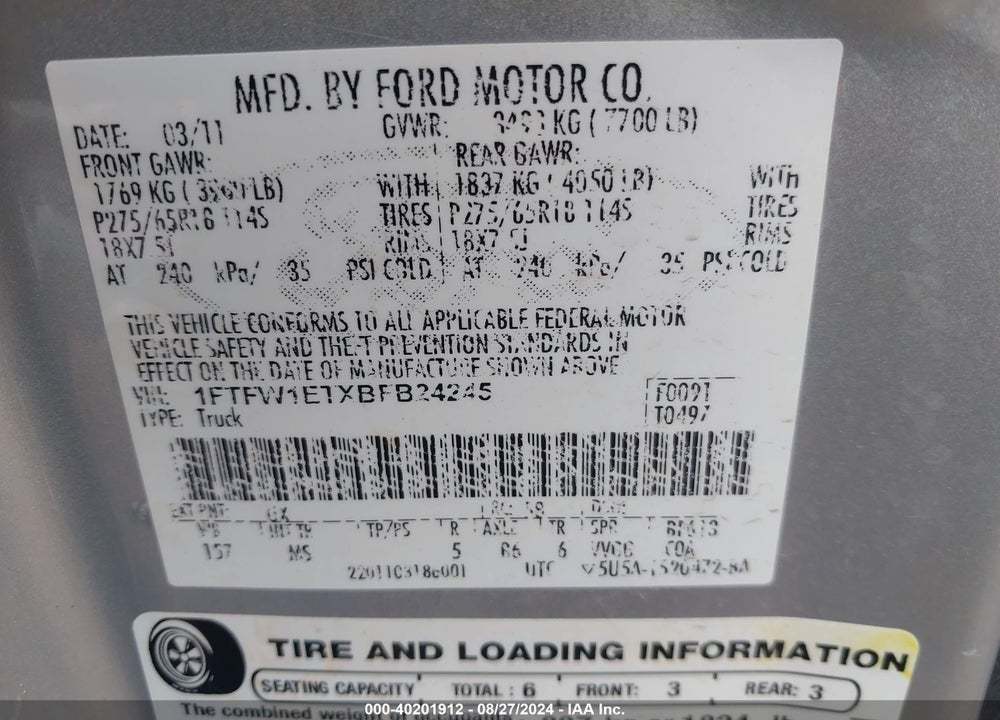 2011 FORD F-150 XLT VIN: 1FTFW1ETXBFB24245