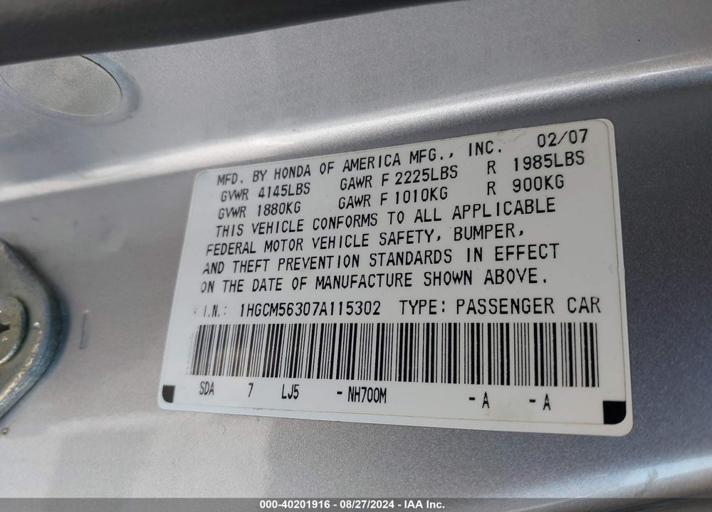 2007 HONDA ACCORD VIN: 1HGCM56307A115302