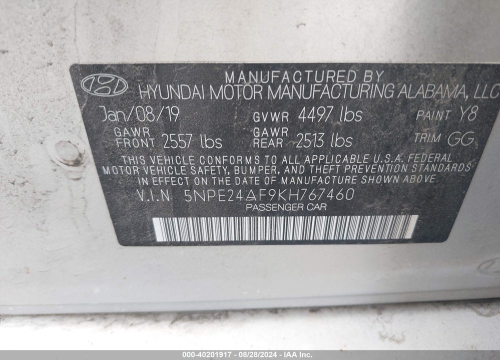 2019 HYUNDAI SONATA SE VIN: 5NPE24AF9KH767460