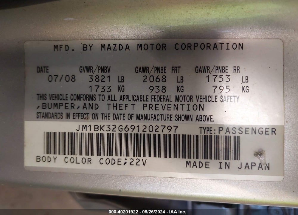 2009 MAZDA 3 I VIN: JM1BK32G691202797
