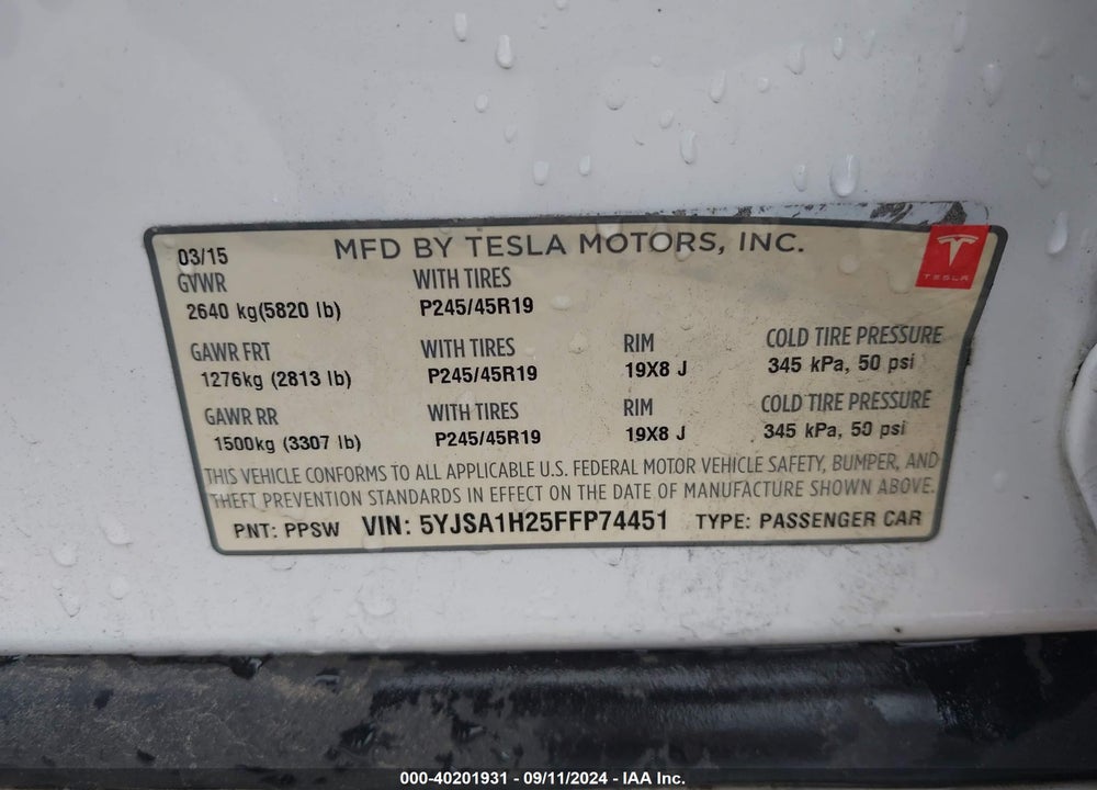2015 TESLA MODEL S 70D/85D/P85D VIN: 5YJSA1H25FFP74451