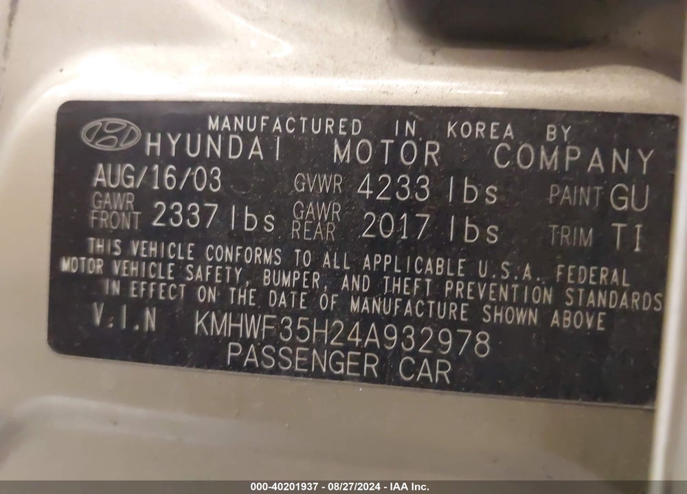 2004 HYUNDAI SONATA GLS/LX VIN: KMHWF35H24A932978
