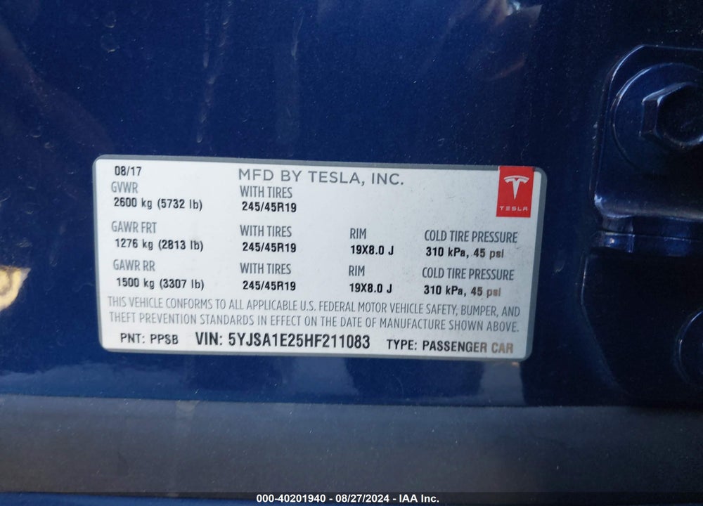 2017 TESLA MODEL S VIN: 5YJSA1E25HF211083