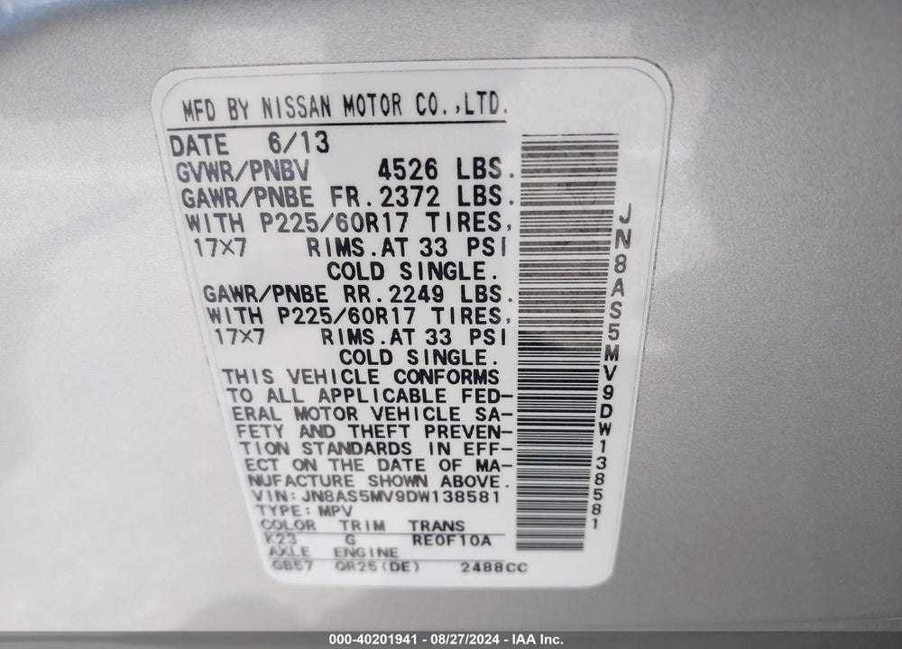 2013 NISSAN ROGUE SV VIN: JN8AS5MV9DW138581