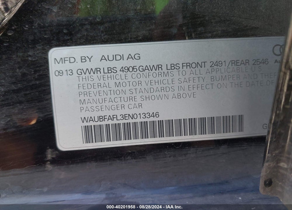 2014 AUDI A4 2.0T PREMIUM VIN: WAUBFAFL3EN013346