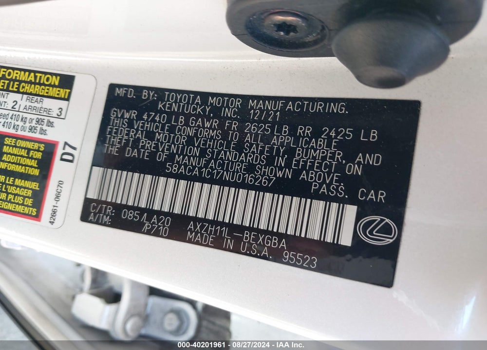 2022 LEXUS ES 300H VIN: 58ACA1C17NU016267