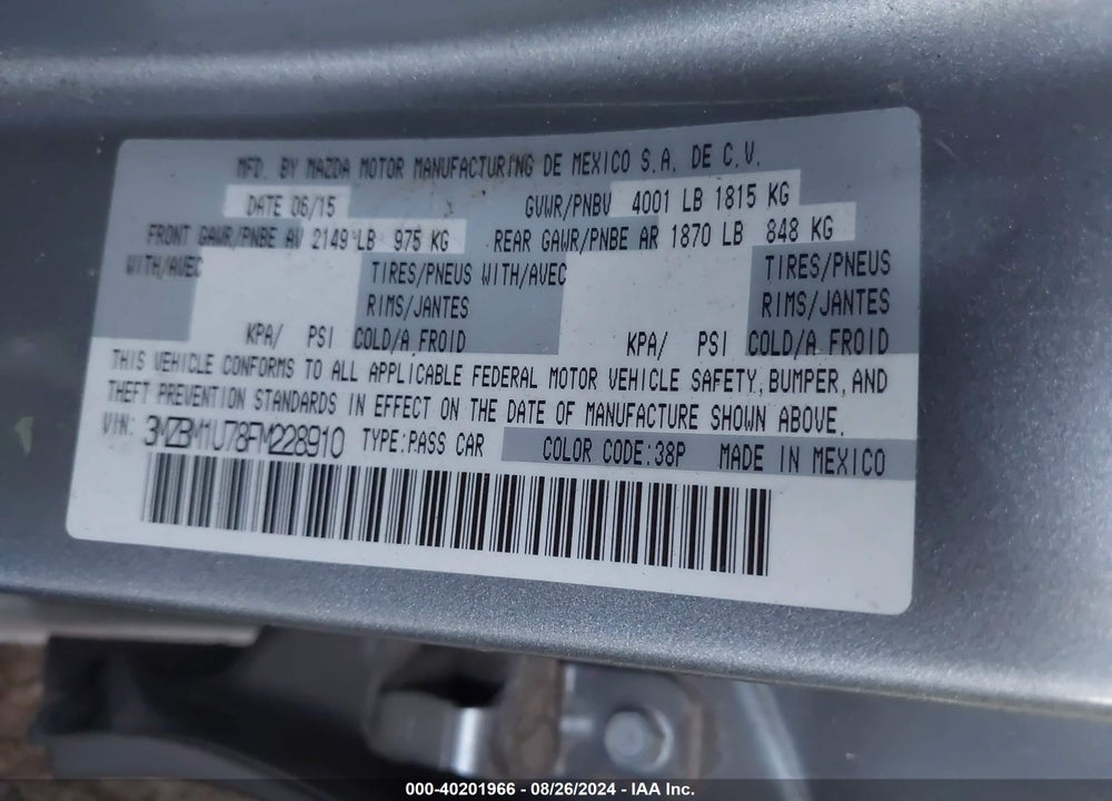 2015 MAZDA 3 I SPORT VIN: 3MZBM1U78FM228910