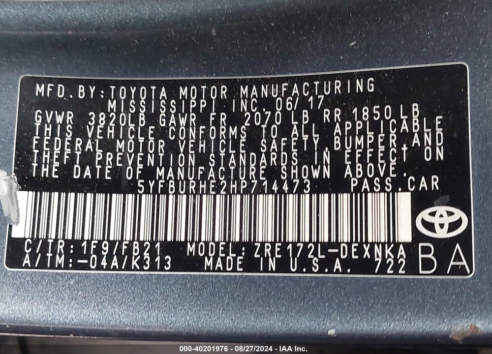 2017 TOYOTA COROLLA LE VIN: 5YFBURHE2HP714473