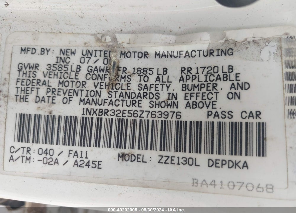 2006 TOYOTA COROLLA CE VIN: 1NXBR32E56Z763976
