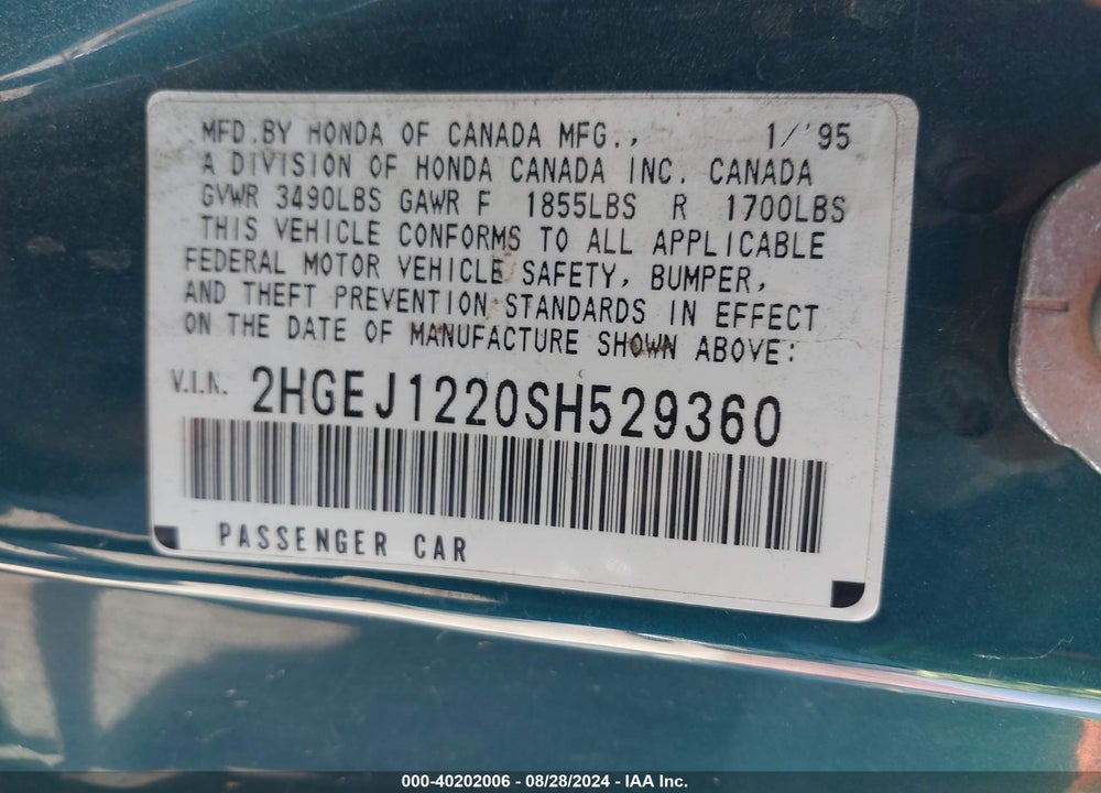 1995 HONDA CIVIC EX VIN: 2HGEJ1220SH529360