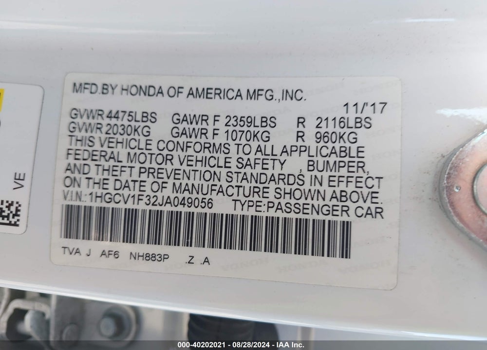 2018 HONDA ACCORD SPORT VIN: 1HGCV1F32JA049056