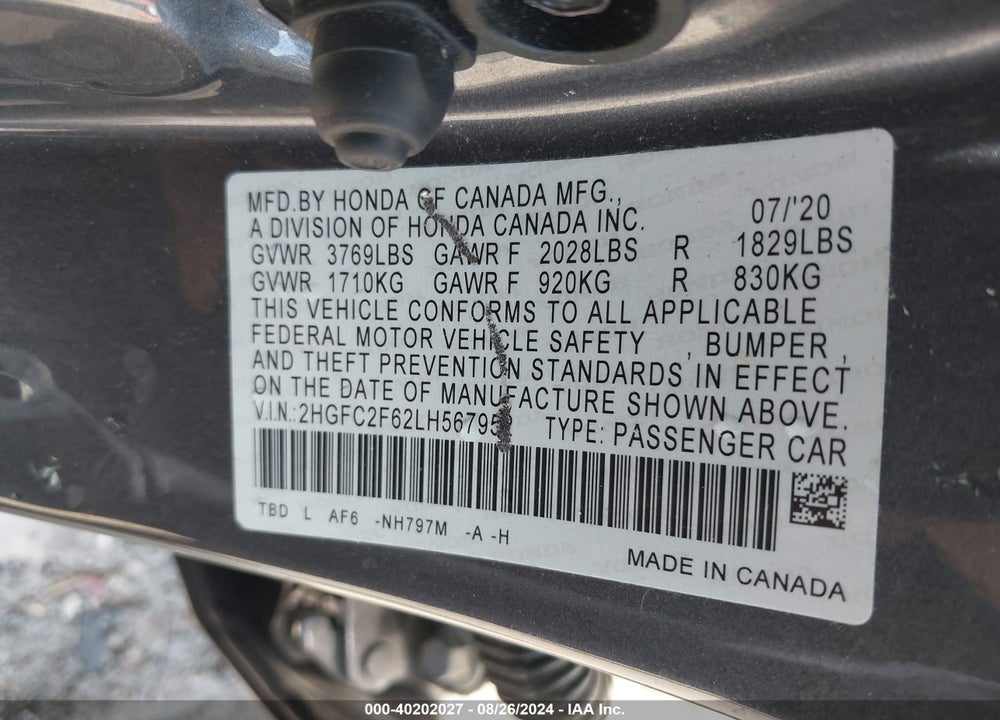 2020 HONDA CIVIC LX VIN: 2HGFC2F62LH567952