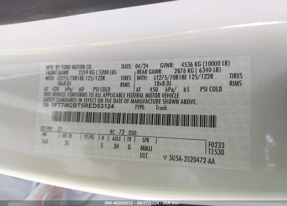 2024 FORD F-250 XLT VIN: 1FT7W2BT5RED53124