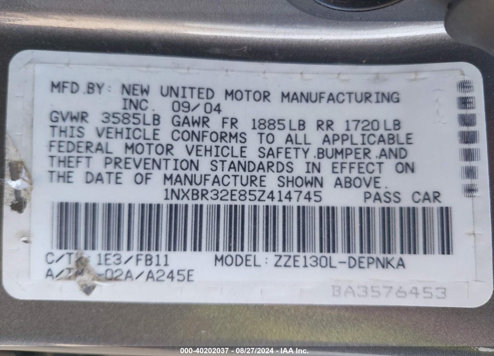 2005 TOYOTA COROLLA LE VIN: 1NXBR32E85Z414745