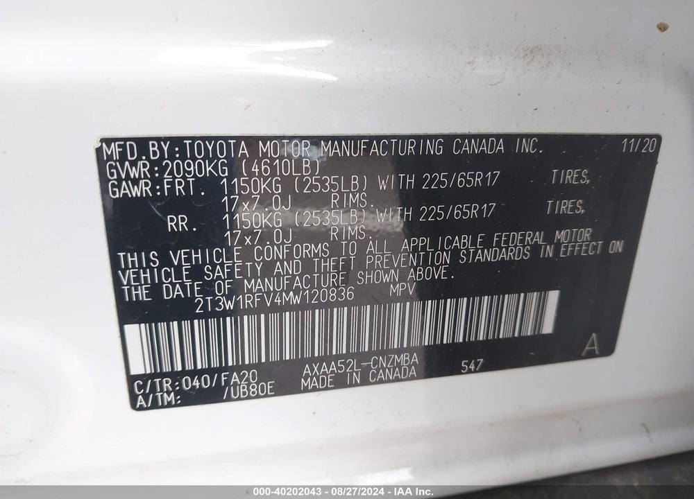 2021 TOYOTA RAV4 XLE VIN: 2T3W1RFV4MW120836