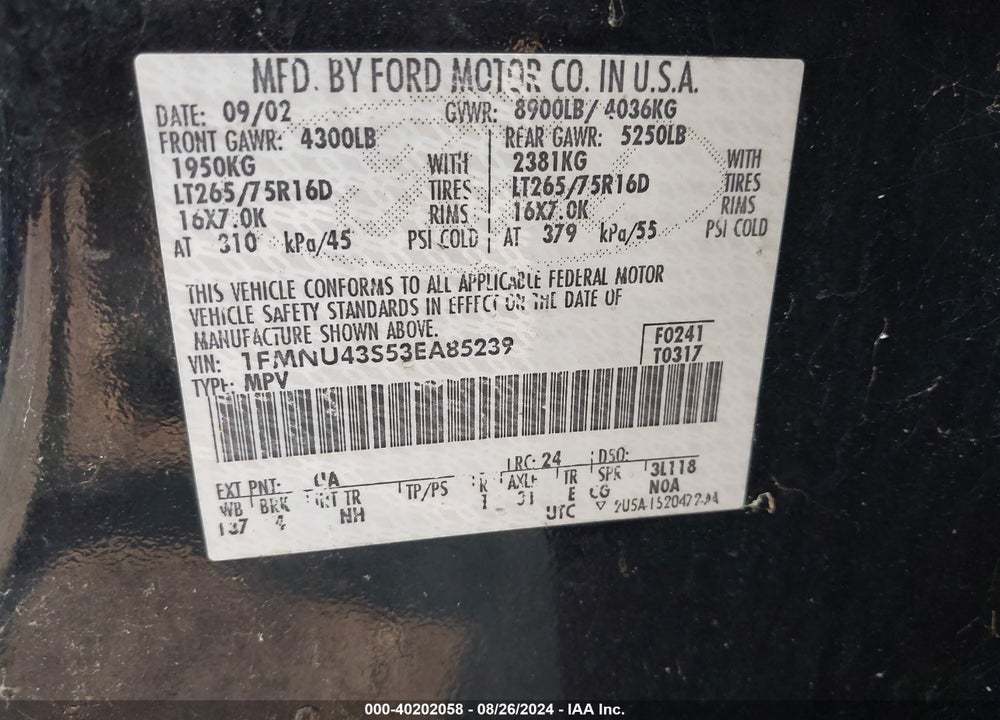 2003 FORD EXCURSION LIMITED VIN: 1FMNU43S53EA85239