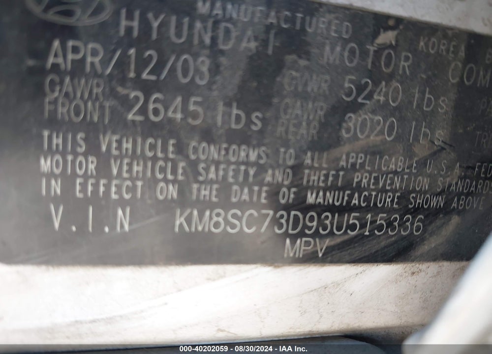 2003 HYUNDAI SANTA FE VIN: KM8SC73D93U515336
