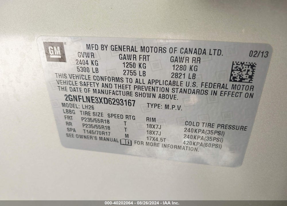 2013 CHEVROLET EQUINOX 2LT VIN: 2GNFLNE3XD6293167