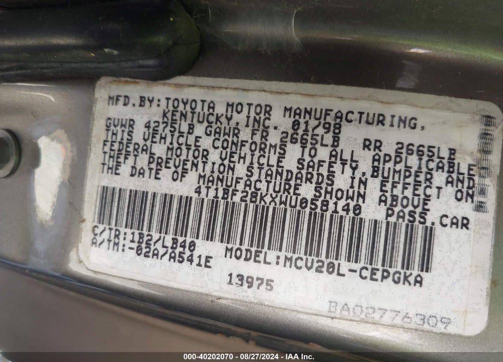 1998 TOYOTA CAMRY XLE V6 VIN: 4T1BF28KXWU058140