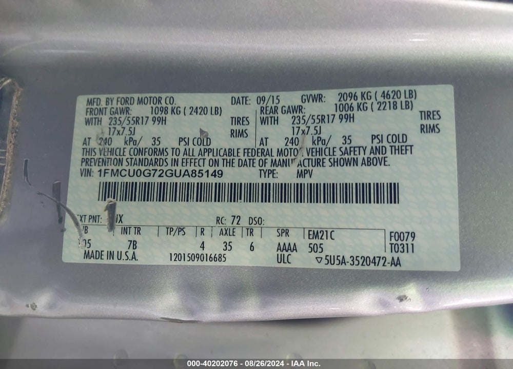2016 FORD ESCAPE SE VIN: 1FMCU0G72GUA85149