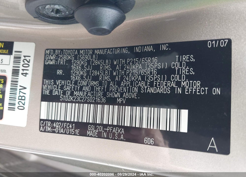 2007 TOYOTA SIENNA LE VIN: 5TDZK23C27S021636