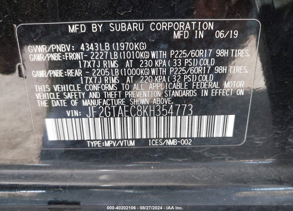 2019 SUBARU CROSSTREK 2.0I PREMIUM VIN: JF2GTAEC8KH354773