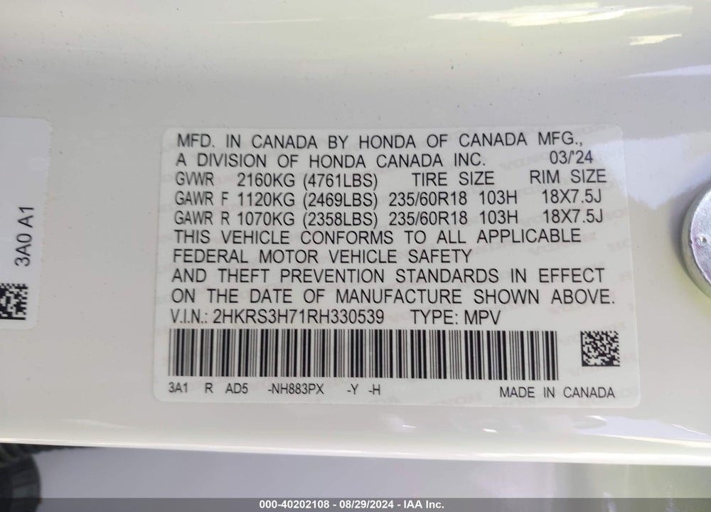 2024 HONDA CR-V EX-L 2WD VIN: 2HKRS3H71RH330539