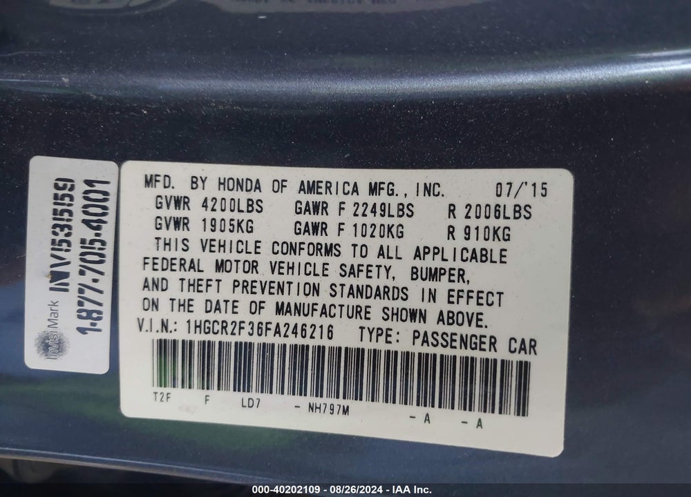 2015 HONDA ACCORD LX VIN: 1HGCR2F36FA246216