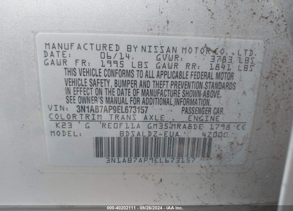2014 NISSAN SENTRA SV VIN: 3N1AB7AP9EL673157