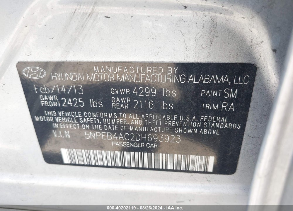 2013 HYUNDAI SONATA VIN: 5NPEB4AC2DH693923