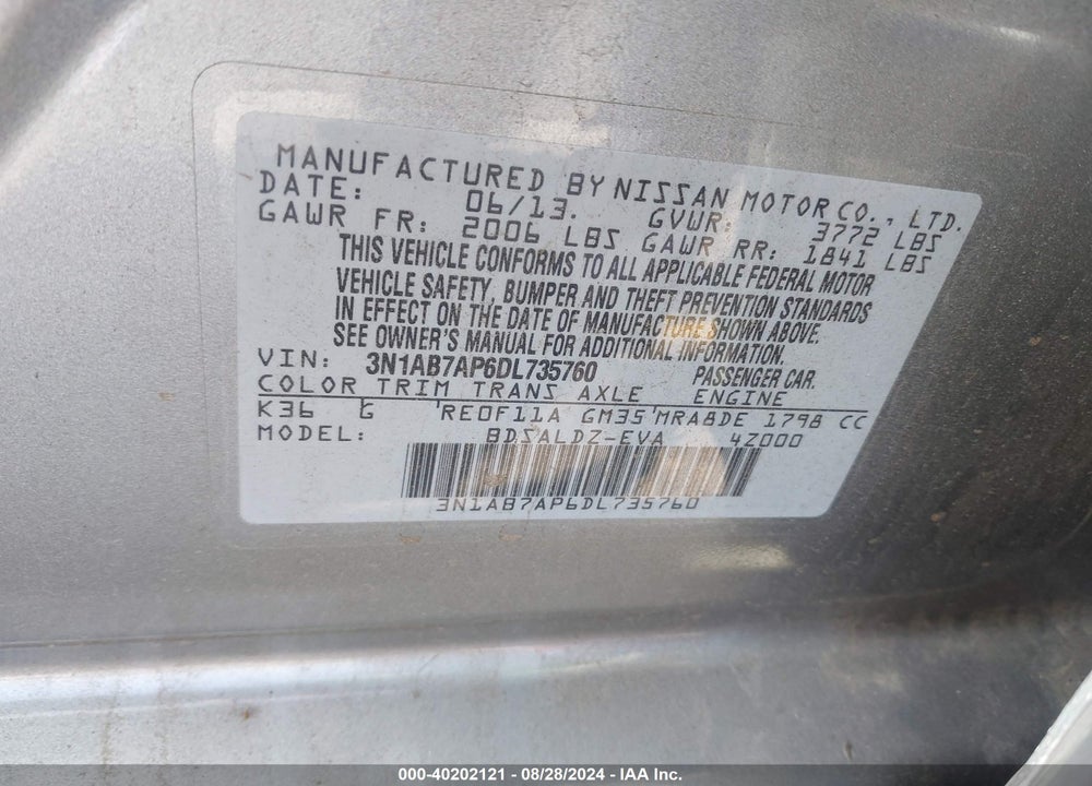 2013 NISSAN SENTRA SV VIN: 3N1AB7AP6DL735760