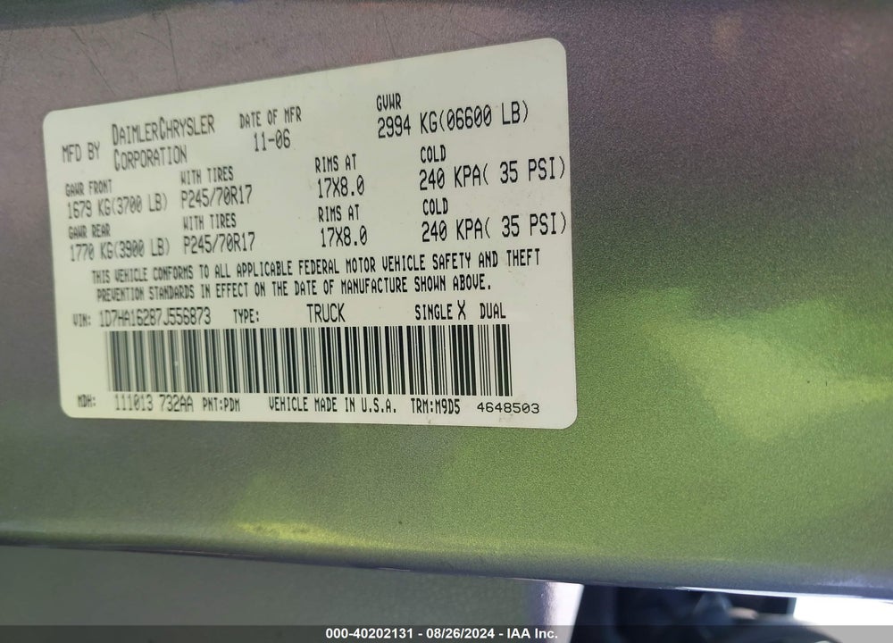2007 DODGE RAM 1500 SLT VIN: 1D7HA16287J556873