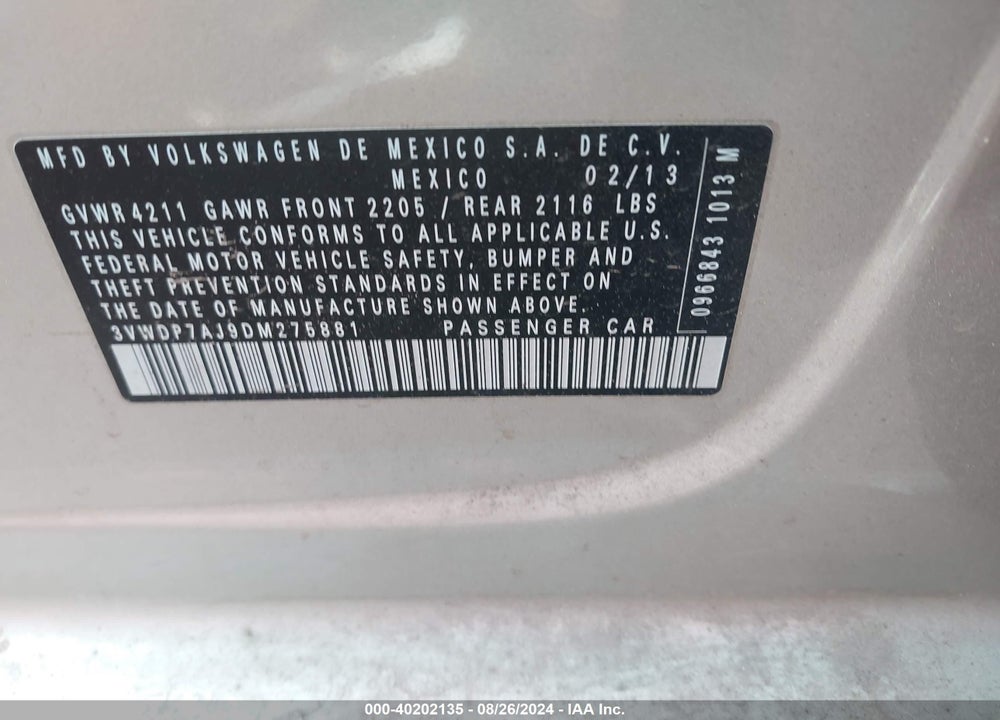 2013 VOLKSWAGEN JETTA 2.5L SE VIN: 3VWDP7AJ9DM275881