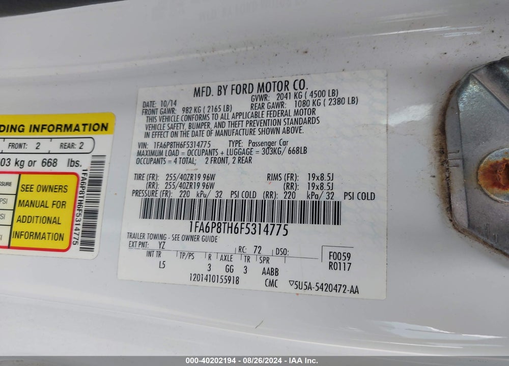 2015 FORD MUSTANG ECOBOOST VIN: 1FA6P8TH6F5314775