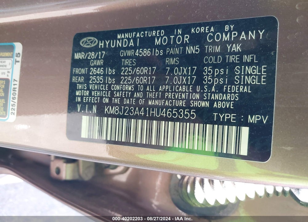 2017 HYUNDAI TUCSON SE VIN: KM8J23A41HU465355