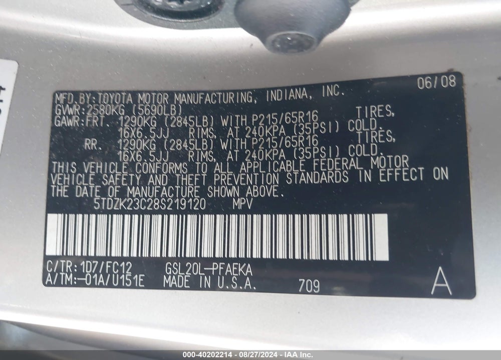2008 TOYOTA SIENNA LE VIN: 5TDZK23C28S219120