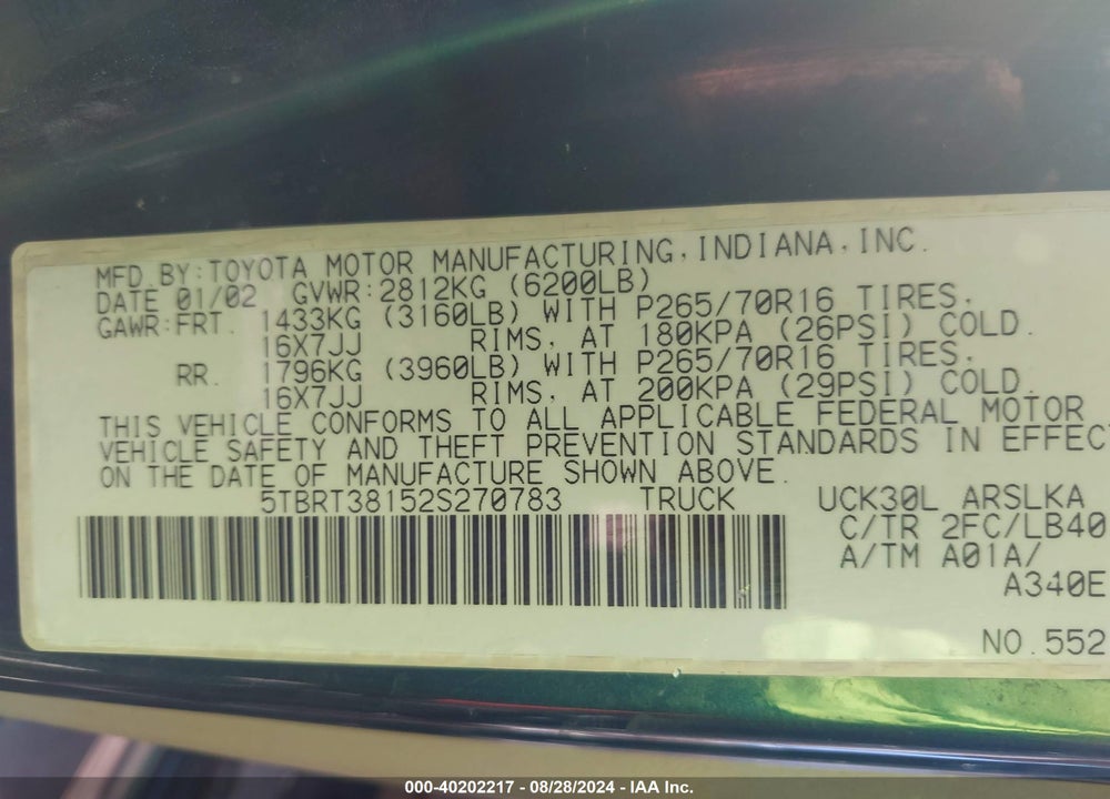 2002 TOYOTA TUNDRA LTD V8 VIN: 5TBRT38152S270783