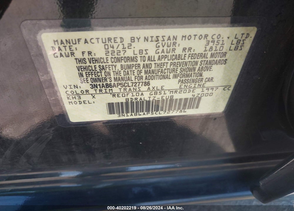 2012 NISSAN SENTRA 2.0 S VIN: 3N1AB6AP5CL727786