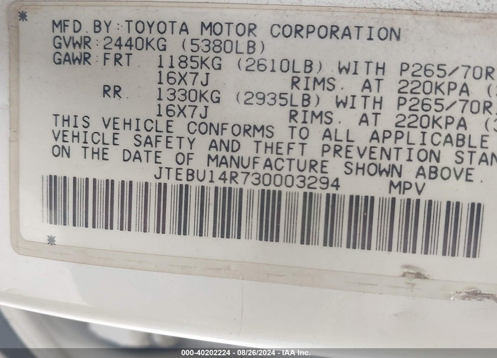 2003 TOYOTA 4RUNNER SR5 V6 VIN: JTEBU14R730003294